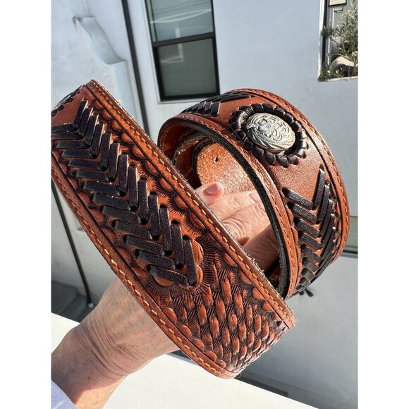 Vintage 80s Nocona woven leather concho handtooled belt western rockabilly 46 - Picture 5 of 16
